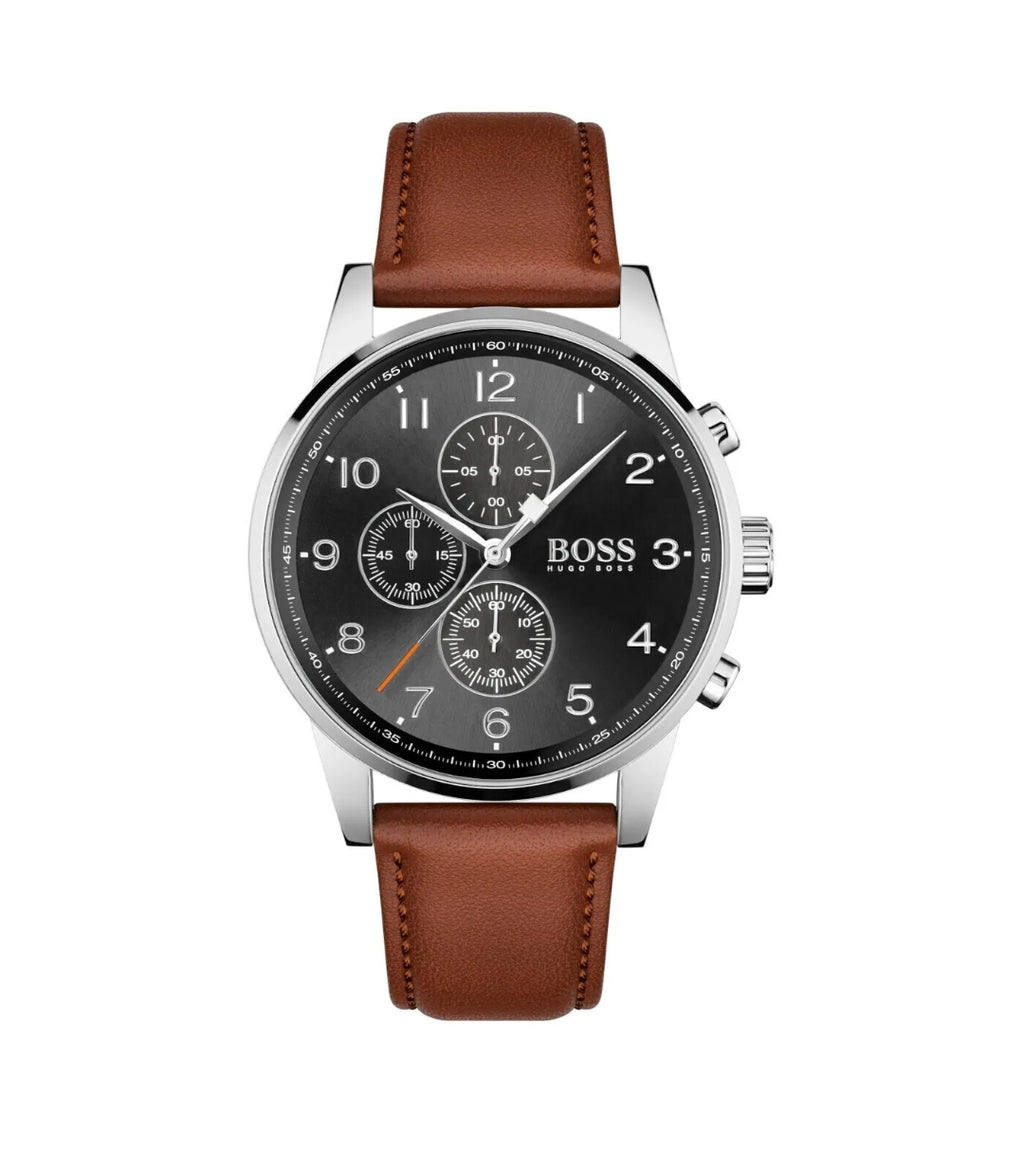 Hugo Boss popular Men's Skymaster Chronograph Silver & Brown Leather Strap Watch